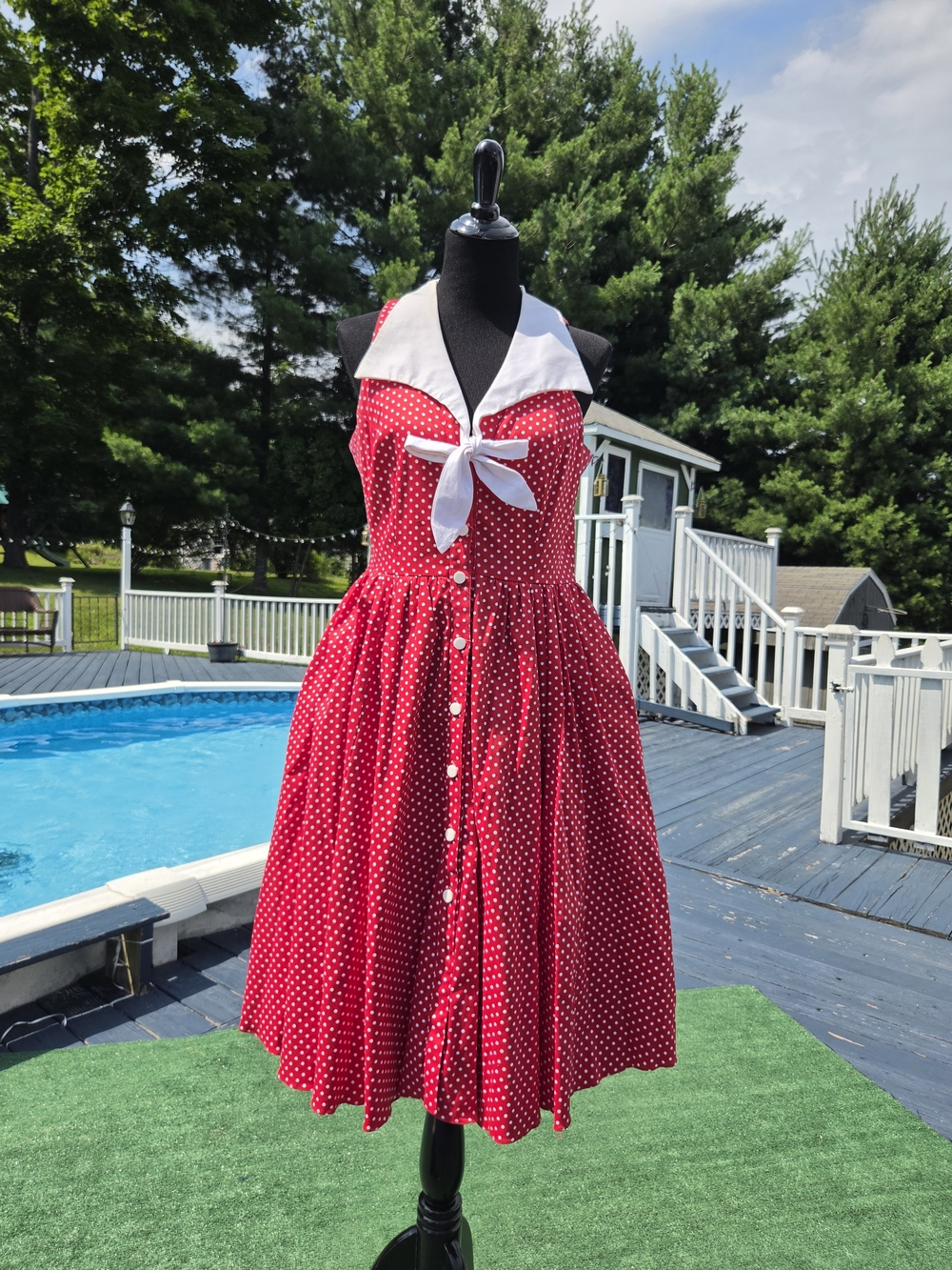 Tatyana Red Polka Dot Tie-Front Midi Dress with White Collar